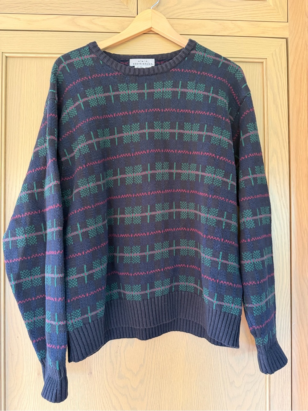 Vintage AKA Eddie Bauer Navy Crewneck Sweater Plaid Cotton / Large - Picture 1 of 11